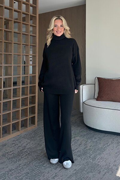 Laluvia Black High Neck Ribbed Knitwear Set - 4671