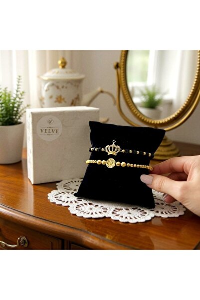 velve Σετ δύο unisex βραχιόλια με λαμπερά στολίδια, με μπάλες από ανοξείδωτο ατσάλι και κρύσταλλα ζιργκόν, σε συσκευασία δώρου, Βραχιόλια