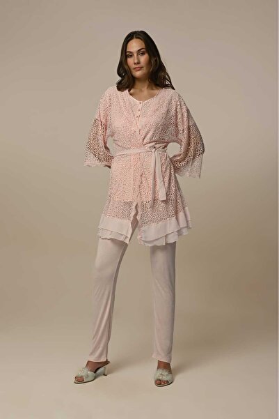 Lohusa Homewear Γυναικείο Σετ Πιτζάμες Ροζ Δαντέλα Ειδικού Σχεδίου Κοντό μανί...