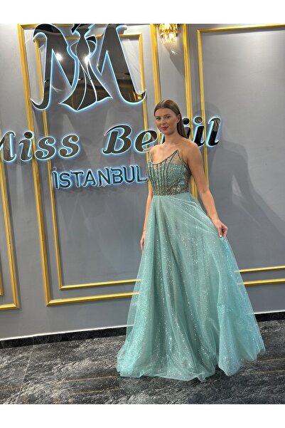 MissBetül Straplez Şerit Taş Detaylı Abiye Nişan Elbisesi