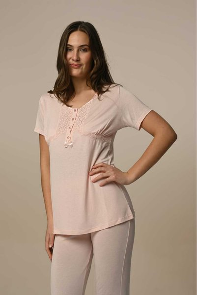 Generic Brand Women's Pink Lace Special Design Short Sleeve Cotton Maternity Maternity Dressing Gown Pajamas Set Set