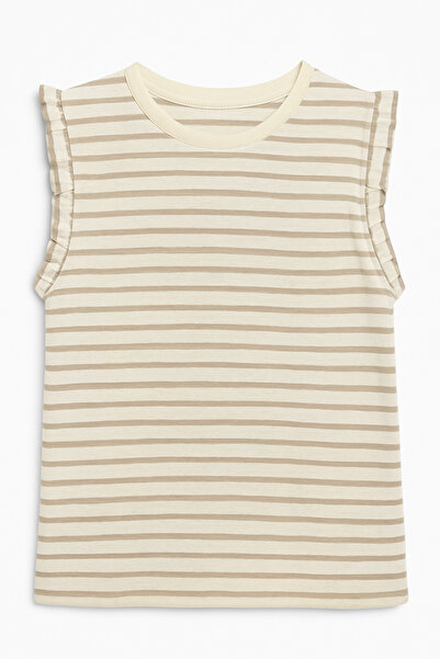 Ramior Women's Beige - White Striped Sleeveless Basic T-Shirt