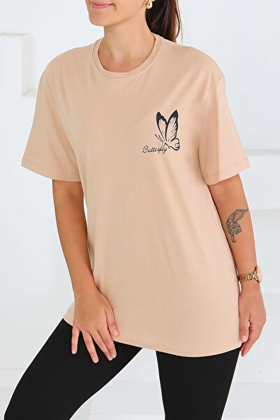 TOFİSA Μπλουζάκι με στάμπα και σχέδιο πέτρας Μπεζ - 27567