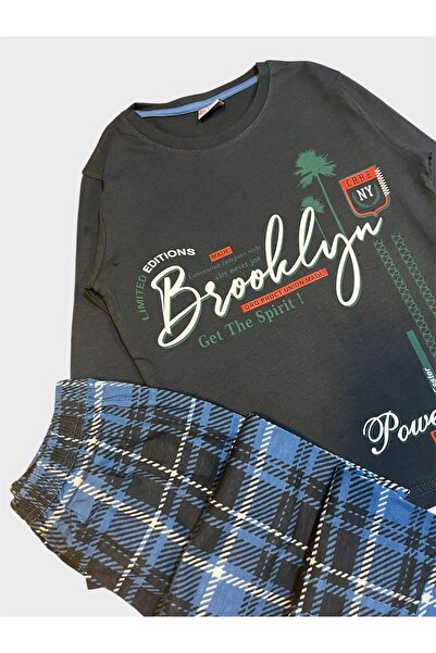 tusem butik homewear Σετ πιτζάμες με μακρυμάνικο καρό σχέδιο με έξι καρό σχέδια, βαμβακερό καπνιστό χρώμα Brooklyn για αγόρια