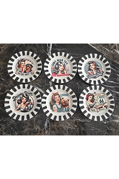 el.ay.arts Porselen 18 cm 6lı pasta tabağı seti el boyaması retro desenli