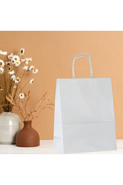 roco paper Büküm Saplı Kağıt Poşet Çanta 8x18x24 cm – Hediye ve Alışveriş Çantası, 25 Adet, Beyaz Renk