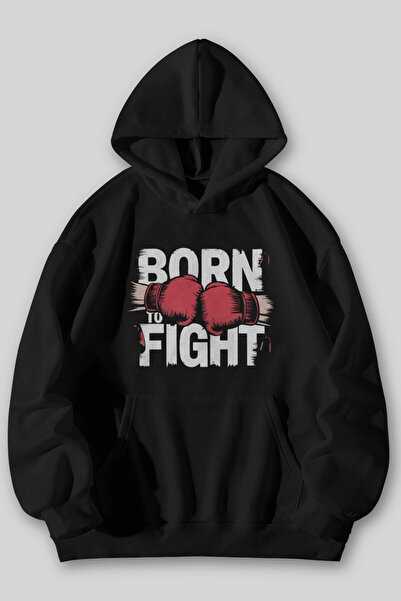 Harmandar Hanorac cu glugă unisex cu buzunar cangur, imprimat Born To Fight