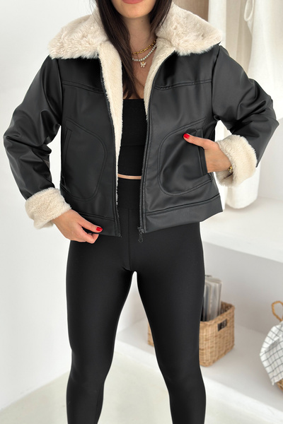 Noa Noa Women's Collared Full Leather Plush Jacket – Lined & Cold Weather Friendly