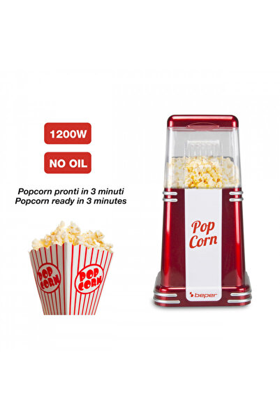 BEPER 90.590Y Hot Air Popcorn Maker, 1200W, 260 ml, Compact Design, Heat Preservation, Red/White