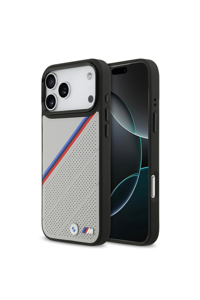 BMW iPhone 17 Pro Max Kılıf Lisanslı M-safe Şarj Özellikli M Logolu Üç Şeritli Delikli Deri Gri Uyumlu