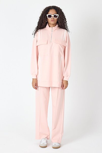 Basicpark Powder Women's Skirt with Slit, Zipper Closure, Pocket Detail Sweatshirt and Wide-Leg Ribbed Pants Pam