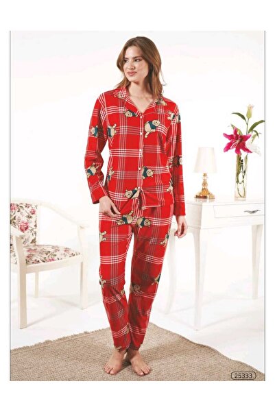 Estiva Bear Printed Front Buttoned Suede Pajama Set