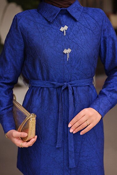 comstar Жіночий жакардовий елегантний піджак з еластичним поясом у темно-синьому кольорі