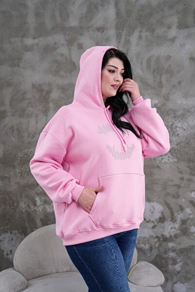 jansogroup - Stone-Embellished Hooded Oversize Sweatshirt Plus Size