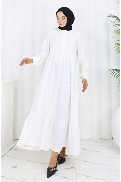 sefamerve Beli Büzgülü Kolu Lastikli Elbise 2149-09 Ekru