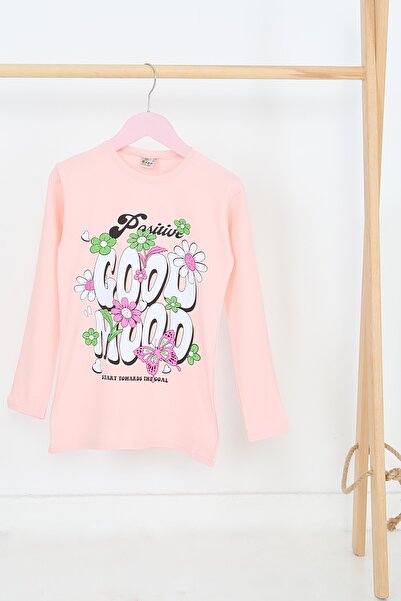 TOFİSA Детска блуза с дълъг ръкав от трико с принт в цвят прасковен розов - 2...