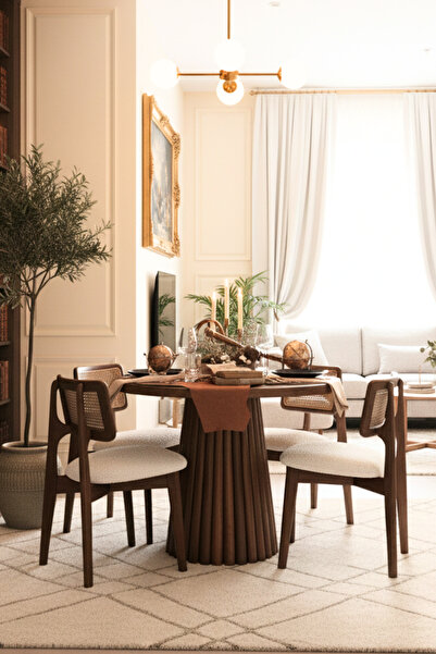 Woodenbend Monaco Ceviz Rengi Masa Sandalye Takımı 100x100 – 4 Doğal Hazeranl...