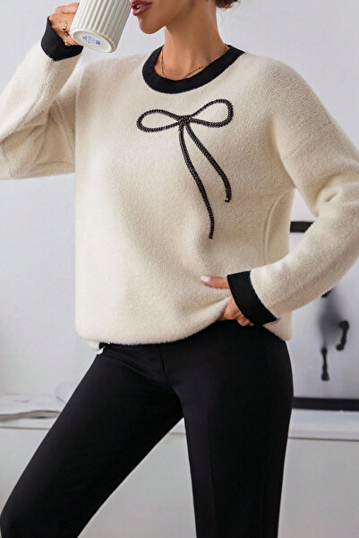 H&E LUXURY DESIGN Pulover de tricotat pentru femei, cu model de fundă crem, cu textura moale, cu pene, negru