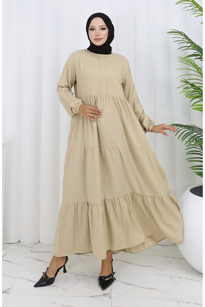 sefamerve Beli Büzgülü Kolu Lastikli Elbise 2149-07 Bej