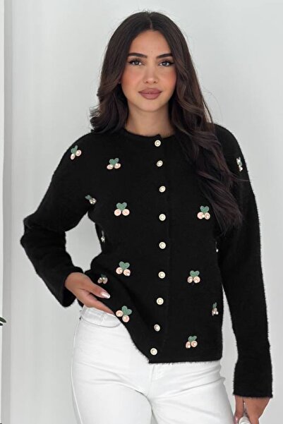 Ded COLLECTION Kadın Kiraz Nakış İşlemeli İnci Düğmeli Yuvarlak Yaka Triko Hırka