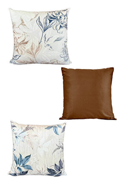 ASDİVA Set de 3 huse decorative pentru perne Sunny - cu model de flori japoneze și catifelat simplu 43x43 cm