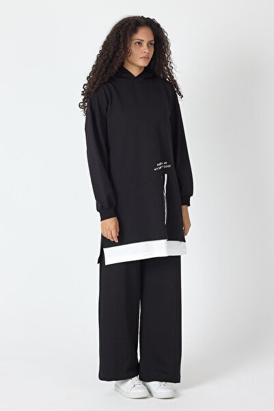 Basicpark Black Women's Skirt with Single Jersey Print Detail, Zipper Closure, Hooded Cotton Knitted Top and Bottom Set