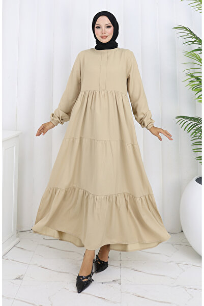 sefamerve Beli Büzgülü Kolu Lastikli Elbise 2149-07 Bej