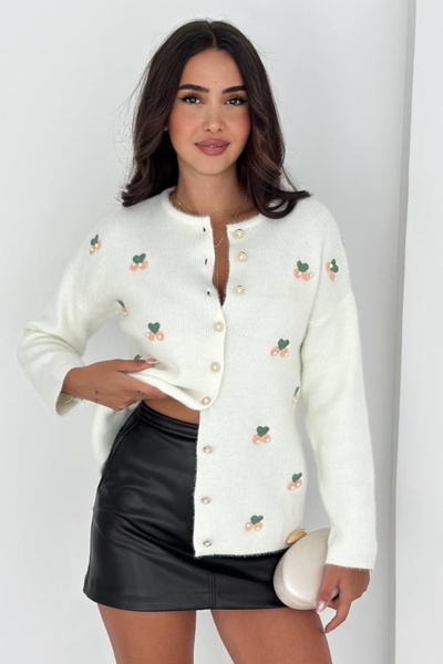 Ded COLLECTION Women's Cherry Embroidery Embroidered Pearl Button Round Neck Knitwear Cardigan