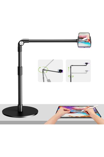 Elitehood حامل هاتف ذكي علوي، قاعدة شديدة التحمل، ذراع 38 سم، حامل قابل لتعديل الارتفاع للتصوير