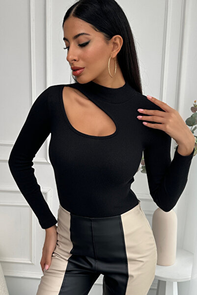 Chicup Aura Γυναικεία μαύρη πλεκτή μπλούζα με λεπτομέρεια παραθύρου