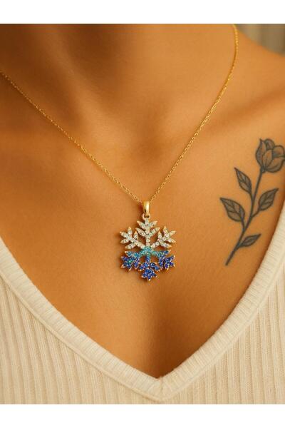Merand Kar Tanesi Kolye – 925 Ayar Gümüş Gold Kaplama – Mavi ve Beyaz Taşlı –...