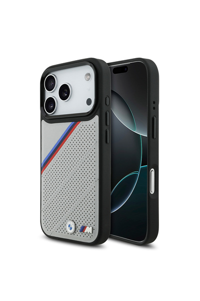 BMW iPhone 17 Pro Uyumlu Kılıf Lisanslı M-safe Şarj Özellikli M Logolu Üç Şeritli Delikli Deri Kapak Gri