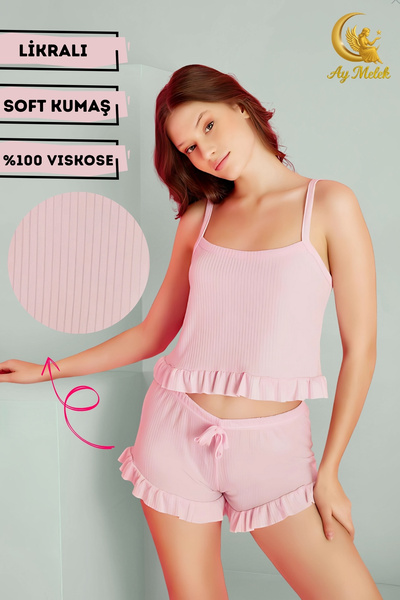 AYMELEK Set de pijamale pentru femei, cu bretele, cu volane, 100% bumbac, cu mini pantaloni scurți, cadou de nuntă
