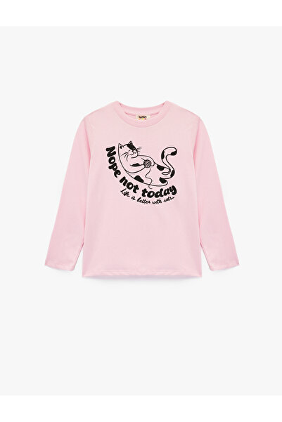 Koton Μακρυμάνικο μπλουζάκι από βαμβακερό λαιμόκοψη με στάμπα γάτας