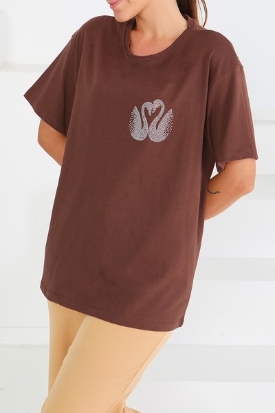 TOFİSA Μπλουζάκι με στάμπα και κοντό μανίκι καφέ - 27570