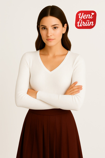 MİO ESTİLO Novelle V-Neck Long Sleeve Ribbed Blouse