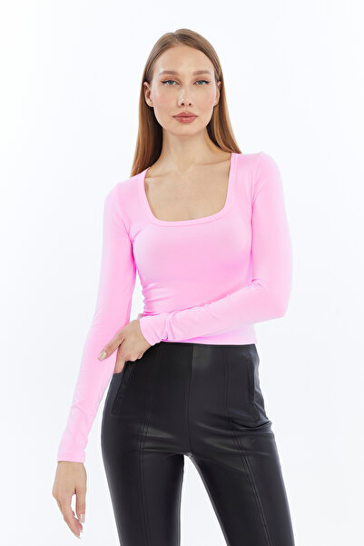 LAENT Bluză crop cu mânecă lungă, cu guler pătrat, roz bomboană