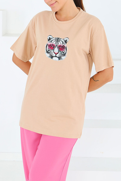 TOFİSA Μπλουζάκι με στάμπα και κοντά μανίκια, μπεζ - 27571