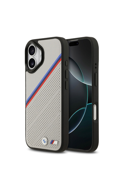 BMW iPhone 17 Uyumlu Kılıf Lisanslı M-safe Şarj Özellikli M Logolu Üç Şeritli Delikli Deri Kapak Gri