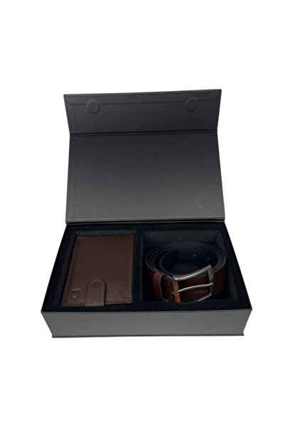 delis Gift set for men, Wallet + Belt, natural leather, elegant model, Brown, SET3