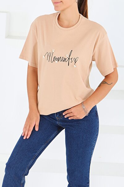 TOFİSA Μπλουζάκι με στάμπα και κοντά μανίκια, μπεζ - 27572