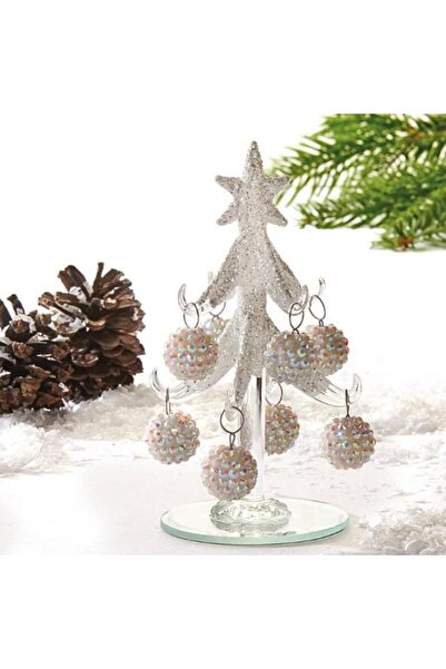 Jf Brad Craciun din sticla alb cu globuri 12 cm