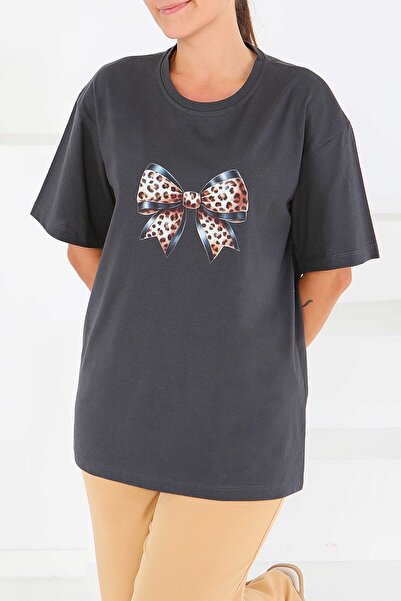 TOFİSA Μπλουζάκι με στάμπα και κοντά μανίκια, καπνιστό - 27501