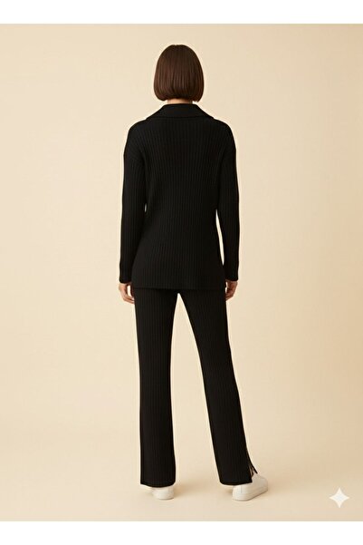 dwnwear Women's Ribbed Collar Zippered Knitwear Set