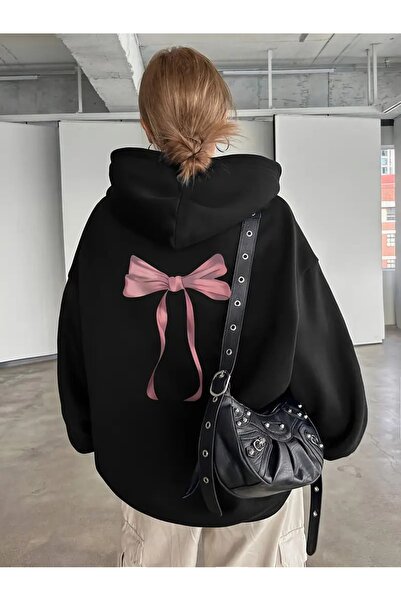 Touz Moda Ribbon Printed Unisex Oversize Hooded Sweatshirt Hoodie