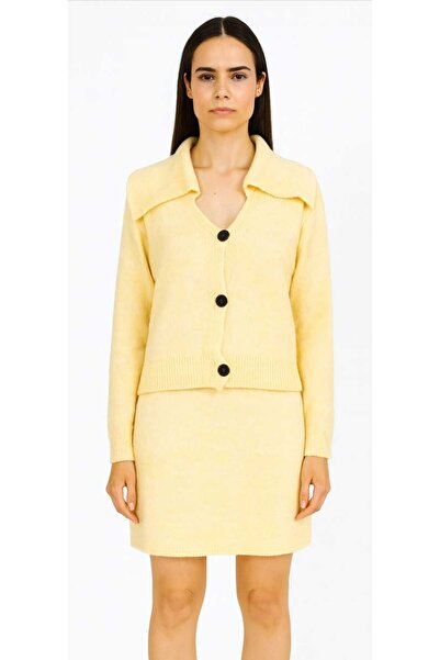 Maison La Femme Women's knit set - button-up jacket with wide polo collar detail & matching knit skirt/top set