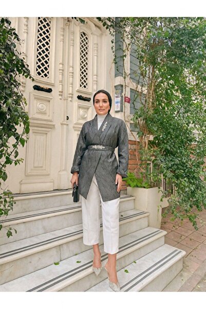 comstar Women's Stoned Jacquard Stylish Belted Gray Tonic Jacket