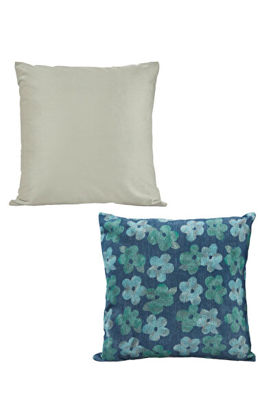 ASDİVA Set of 2 Solvion Decorative Throw Pillow Covers Blue Daisy Pattern and Cream Velvet 43X43 cm