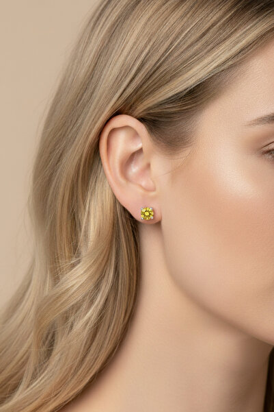 bymissmücevherat 925 Ayar Gümüş 4 mm Tektaş Sitrin Taşlı Küpe |