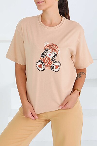 TOFİSA Μπλουζάκι με στάμπα και κοντά μανίκια, μπεζ - 27573